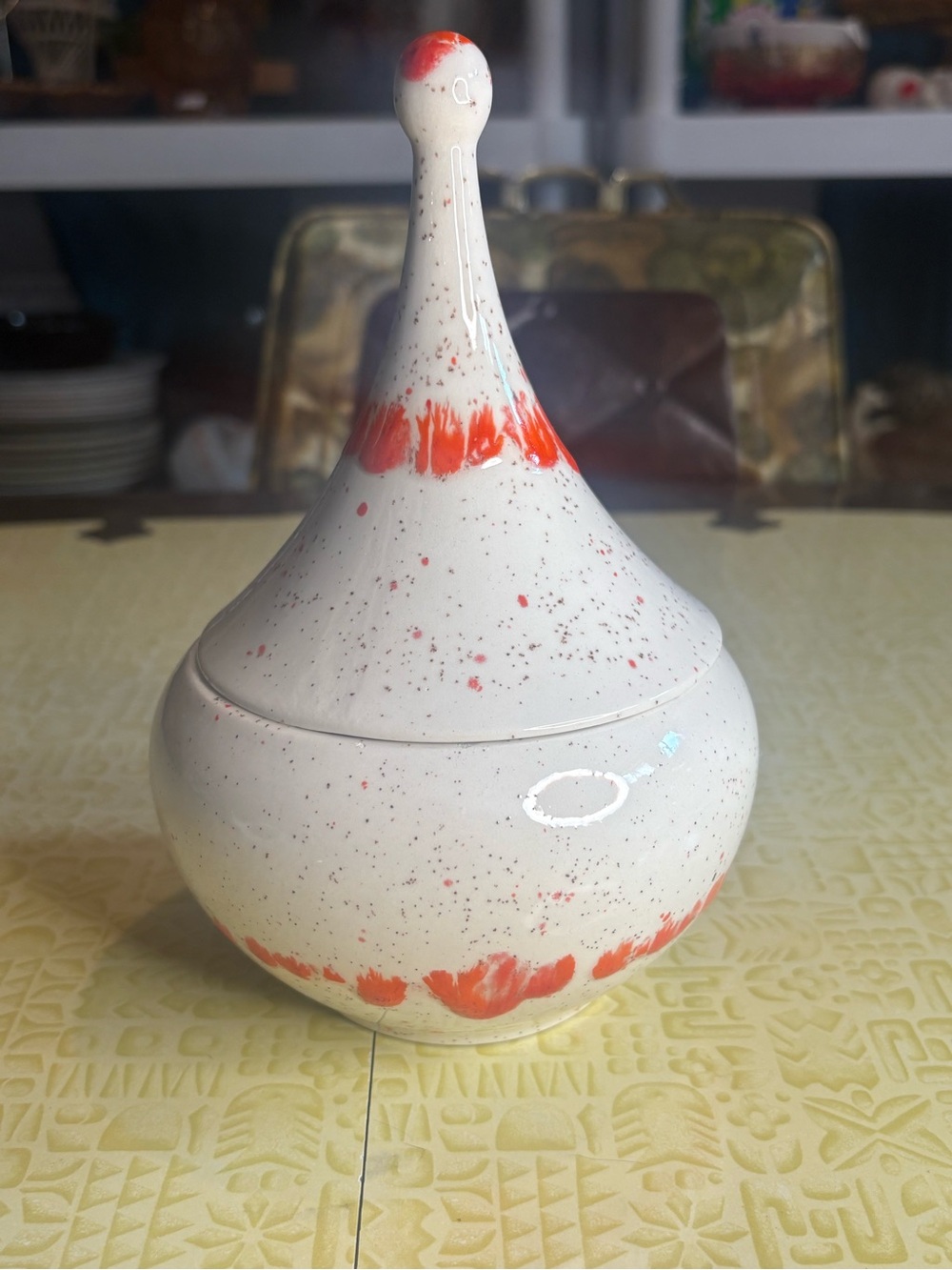 Vintage Handmade Ceramic Decorative Jar in White with Orange Accents